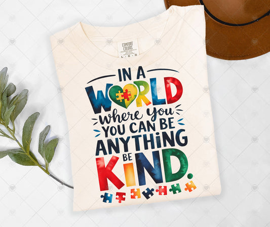 IN A WORLD WHERE YOU CAN BE ANYTHING ; BE KIND | COMFOR COLOR GRAPHIC TEE - 1493
