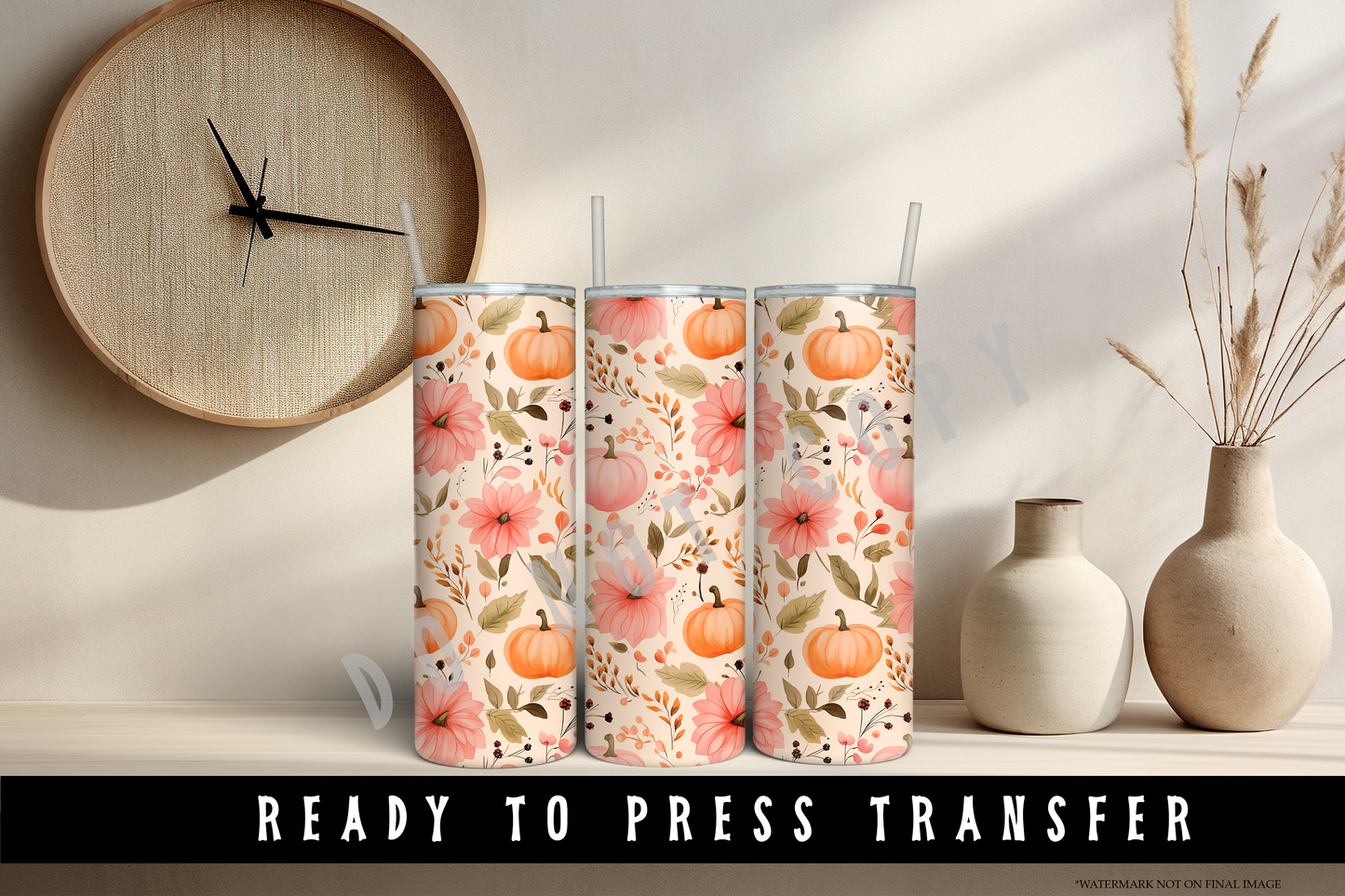 Pumpkin Fall Floral Tumbler Sublimation Wrap Transfer [#1]