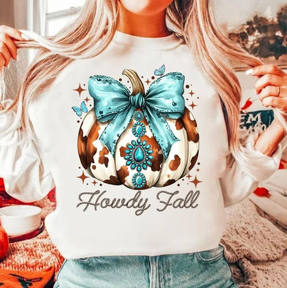 Howdy Fall Turquoise Cowprint Gildan Sweatshirt - 675