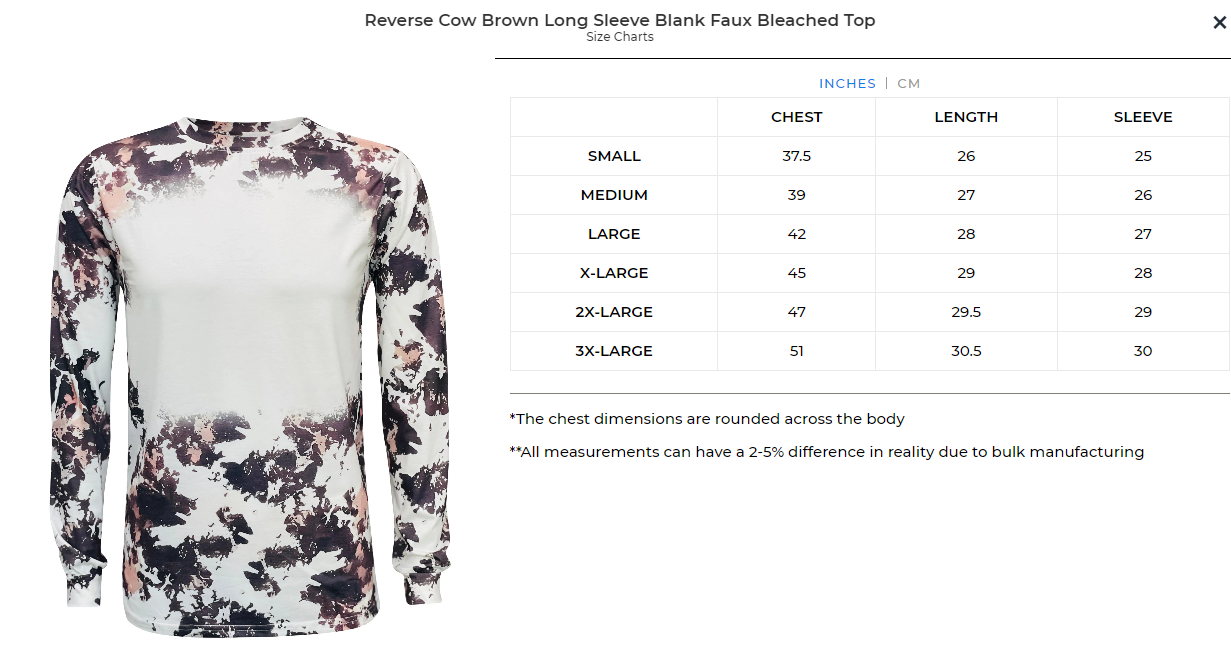 Reverse Cow Brown Long Sleeve Blank Faux Bleached Top