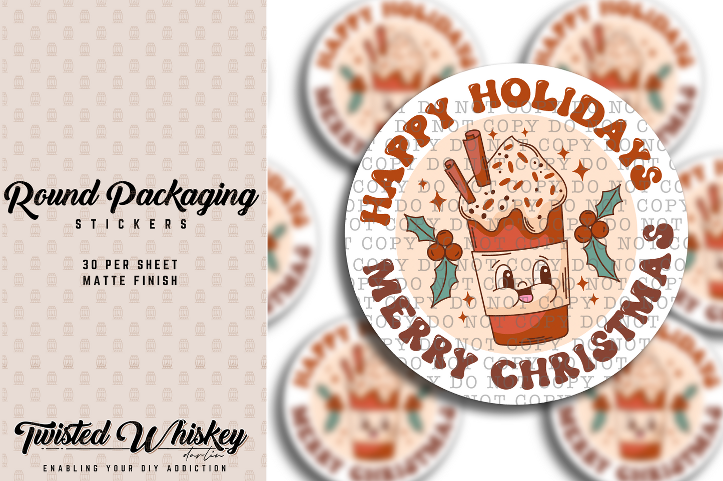 Happy Holidays Merry Christmas - 1.5" Circle - PRINTED Sticker Sheet